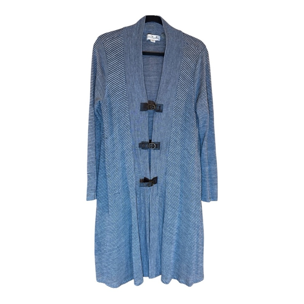 Simply Noel Long Cardigan Duster Sweater Blue Gray Stripes Buckle Closure L/XL